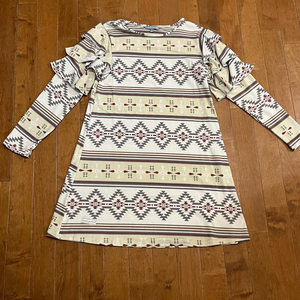 Simply Southern Women’s Small Ruffle Long Sleeves Aztec Print Dress